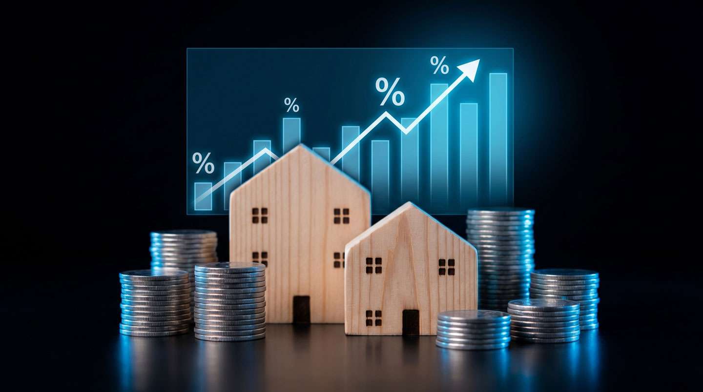 Balance isométrique avec une maison et des pièces d'or représentant le choix du pourcentage du dépôt de garantie.