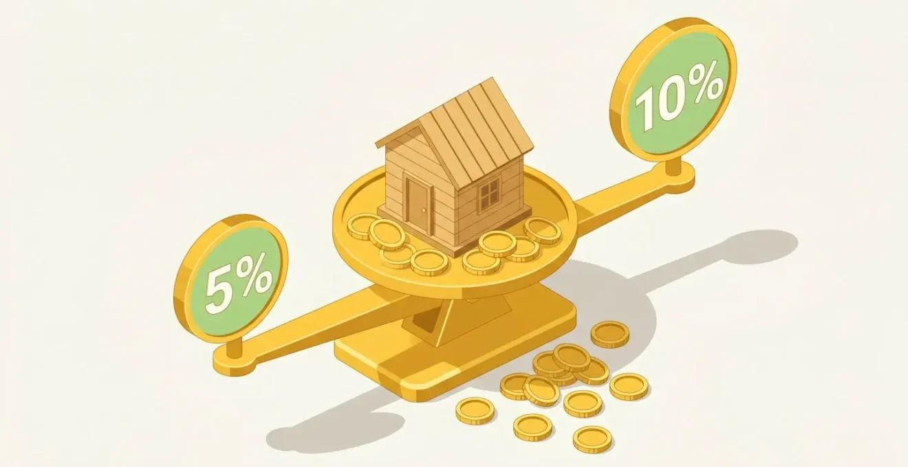 Balance isométrique avec une maison et des pièces d'or représentant le choix du pourcentage du dépôt de garantie.