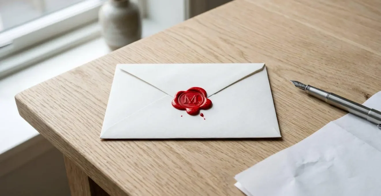 Enveloppe scellée d'un cachet de cire rouge sur une table en bois, symbolisant la sécurité d'un dépôt de garantie.