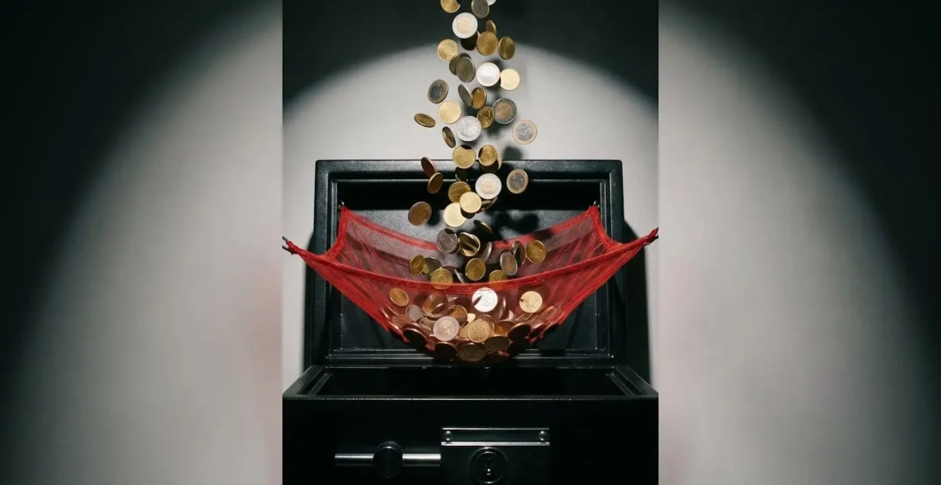 Des pièces de monnaie suspendues dans un filet de sécurité au-dessus d'un coffre-fort, symbolisant un dépôt protégé.